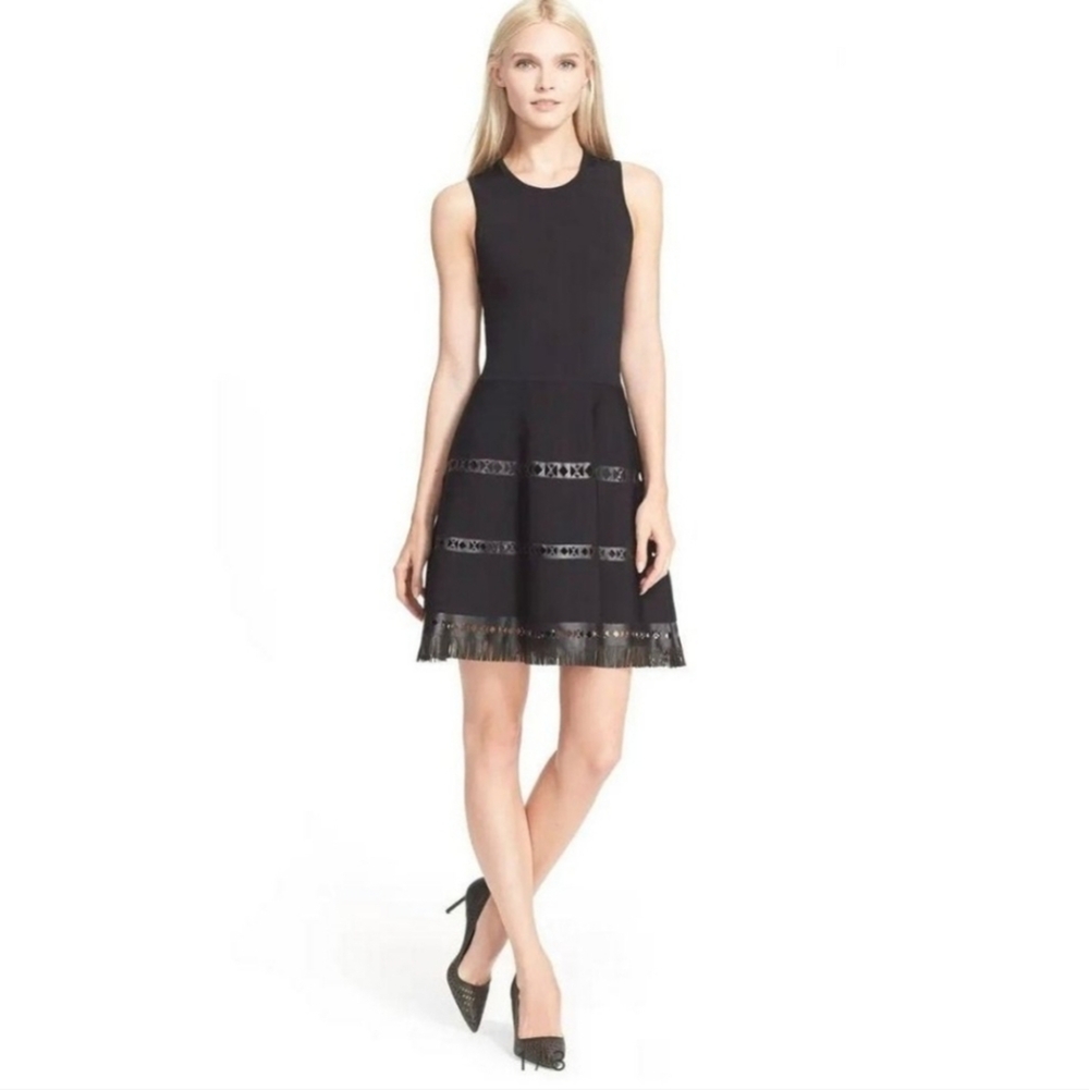 Parker Black Bandage Aline Vegan Leather Fringe And Cutout Trim Dress